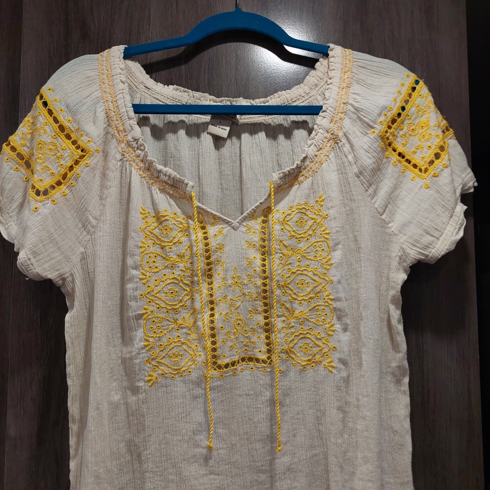 Lucky Brand Cream Blouse with Yellow Embroidery